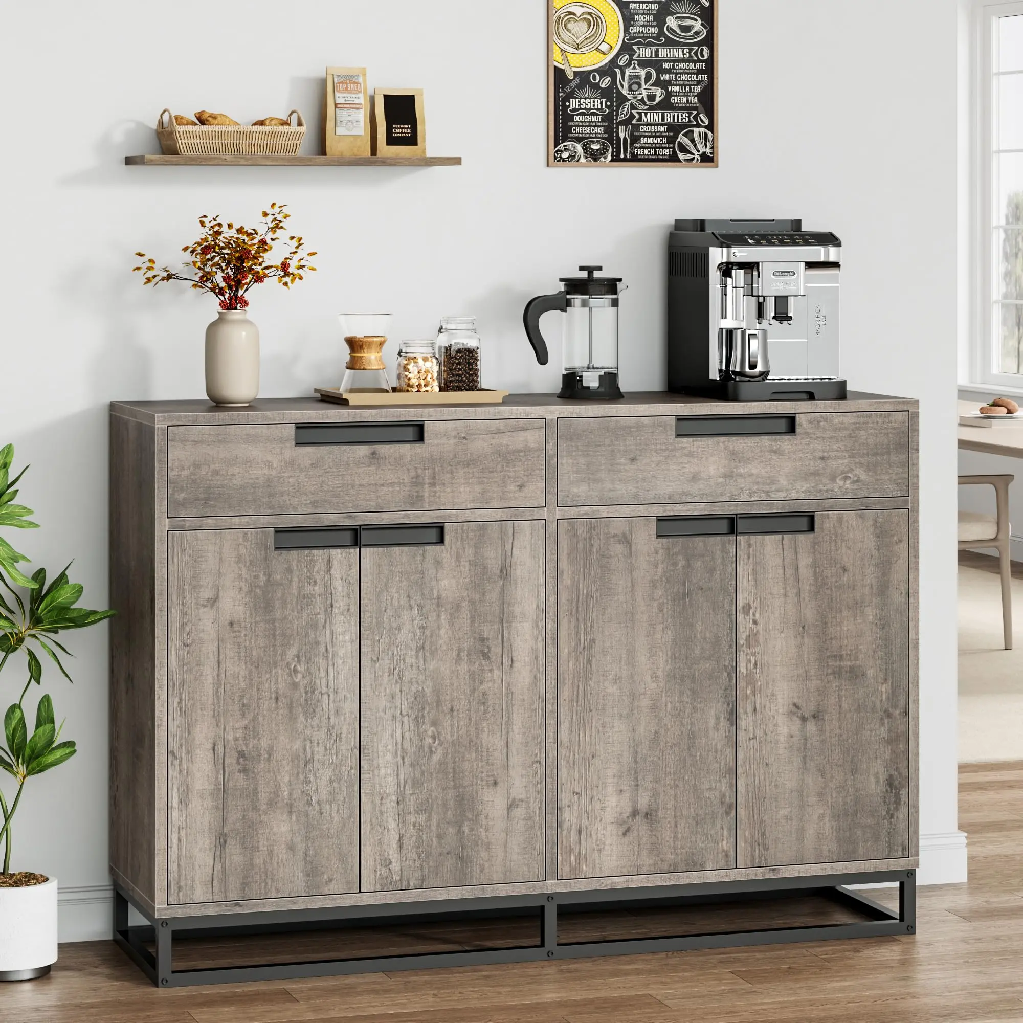 55 in Modern Metal Frame Sideboard Buffet Cabinet - High-Quality Craftsmanship Versatile Farmhouse Style Dining Room Furniture with 2 Drawers, 4 Doors, Organized Storage, Assembly Required for Kitchen, Dining Room