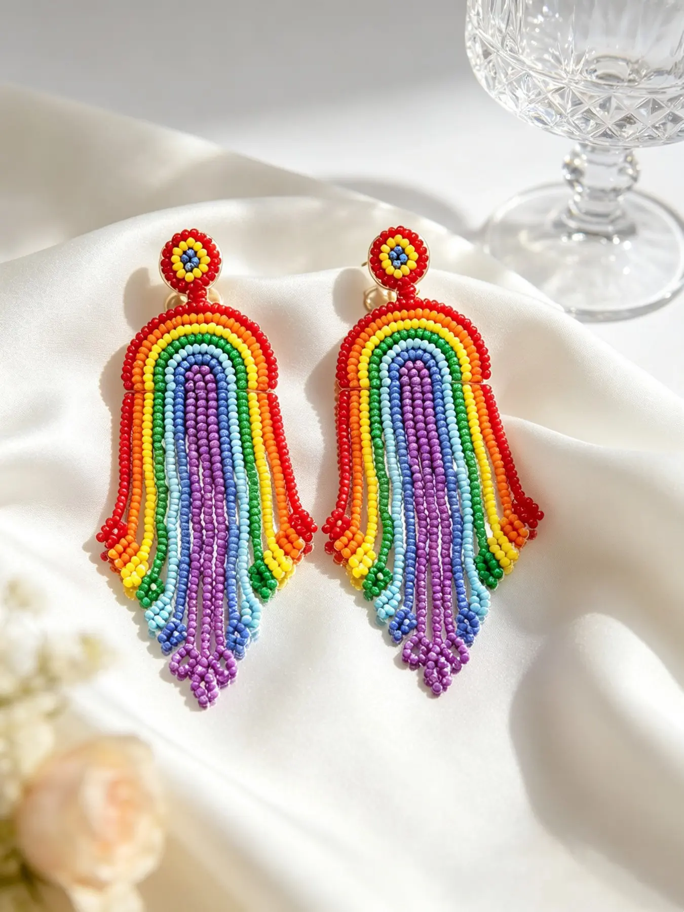 Handmade rainbow tassel earrings - Bohemian style, acrylic bead Bohemian style pendant and droplet, summer vacation fashionable accessories, suitable for parties and Mother's Day, fashionable jewelry gift, perfect female fashion accessory, Beaded Earrings