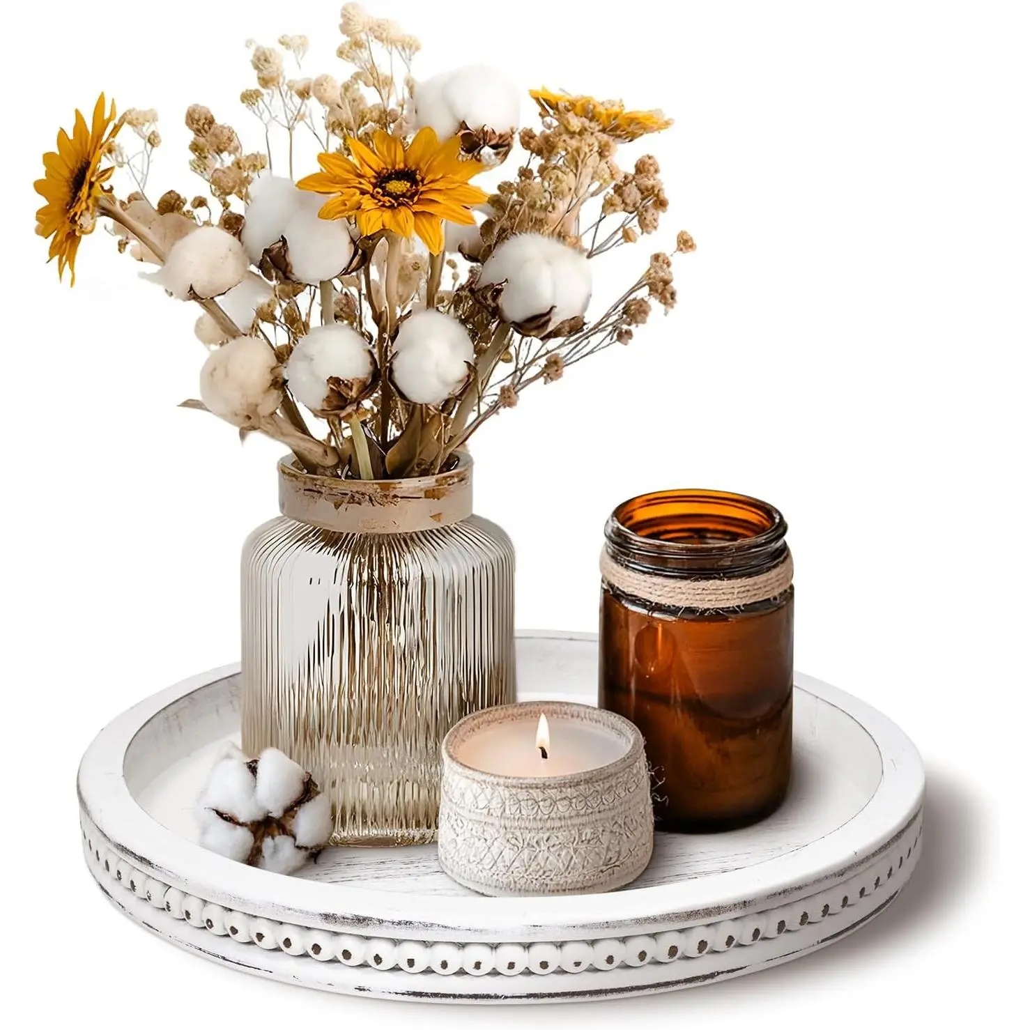 Decorative Serving Tray Wood-Wooden Tray for Decor, White Farmhouse Bead Round Trays for Coffee Table Decor, Rustic Centerpiece for Living Room Kitchen Counter, Entryway