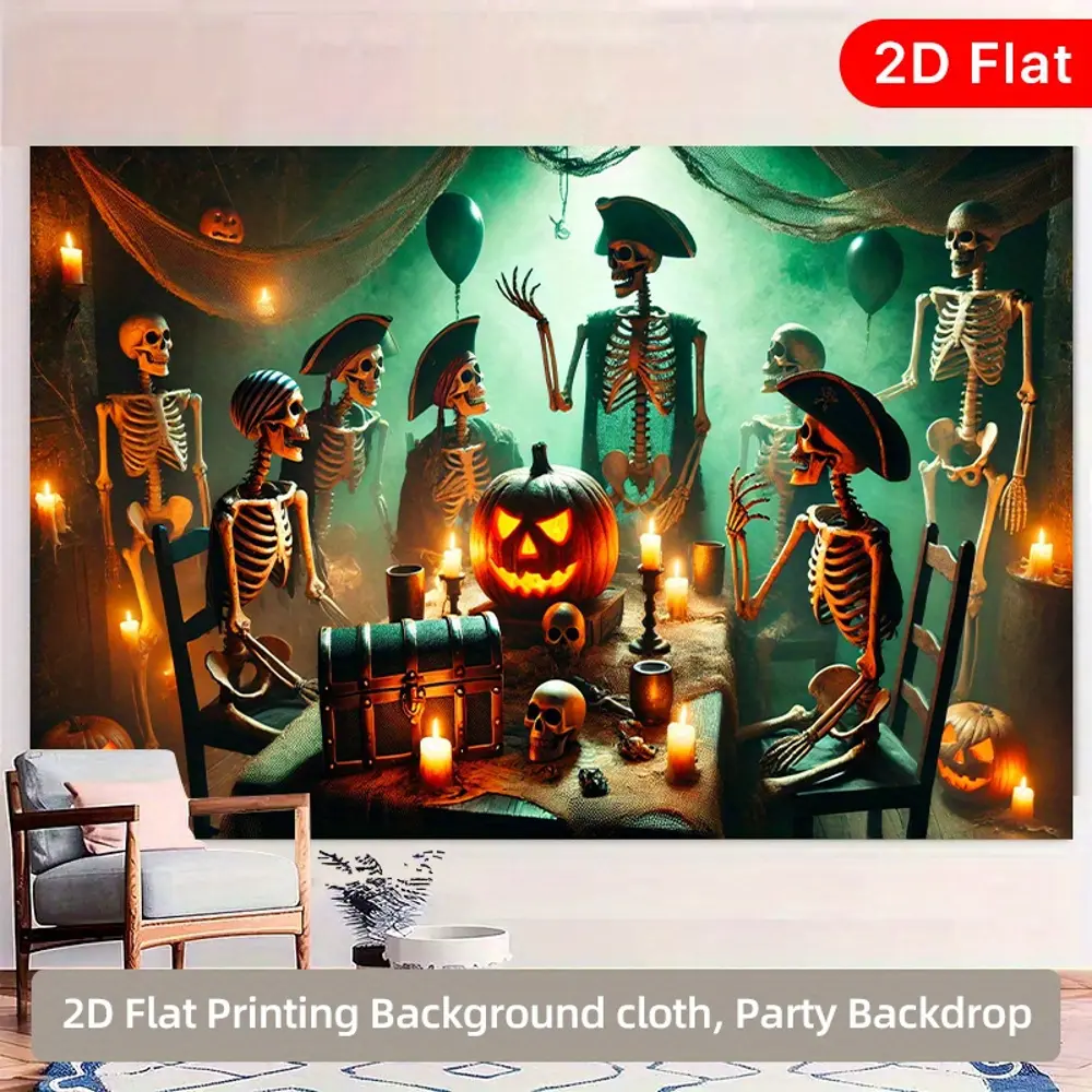 2D Flat Banner Halloween Themed Pirate Skeleton Jack-O'-Lantern Polyester Photography Backdrop, HD Digitally Printed Soft Lightweight Foldable Cloth, Suitable for Halloween Party, Jack-O'-Lanterns Decor, Product Photography