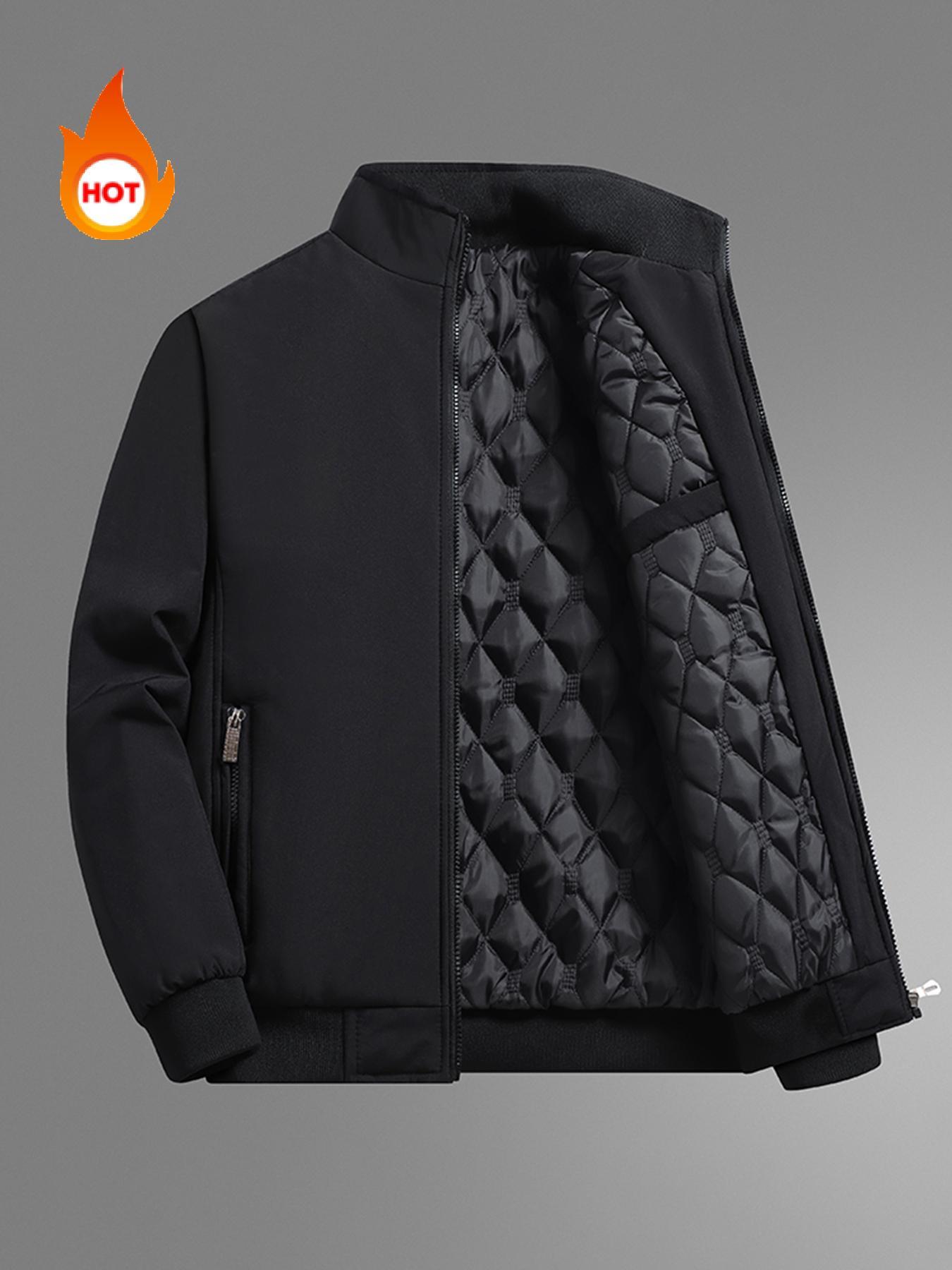 Men's Solid Color Plain Zip Up Thermal Lined Jacket Coats, Regular Fit Fitted Casual Long Sleeve Short Outerwear for Fall & Winter, Men's Clothes for Daily Wear