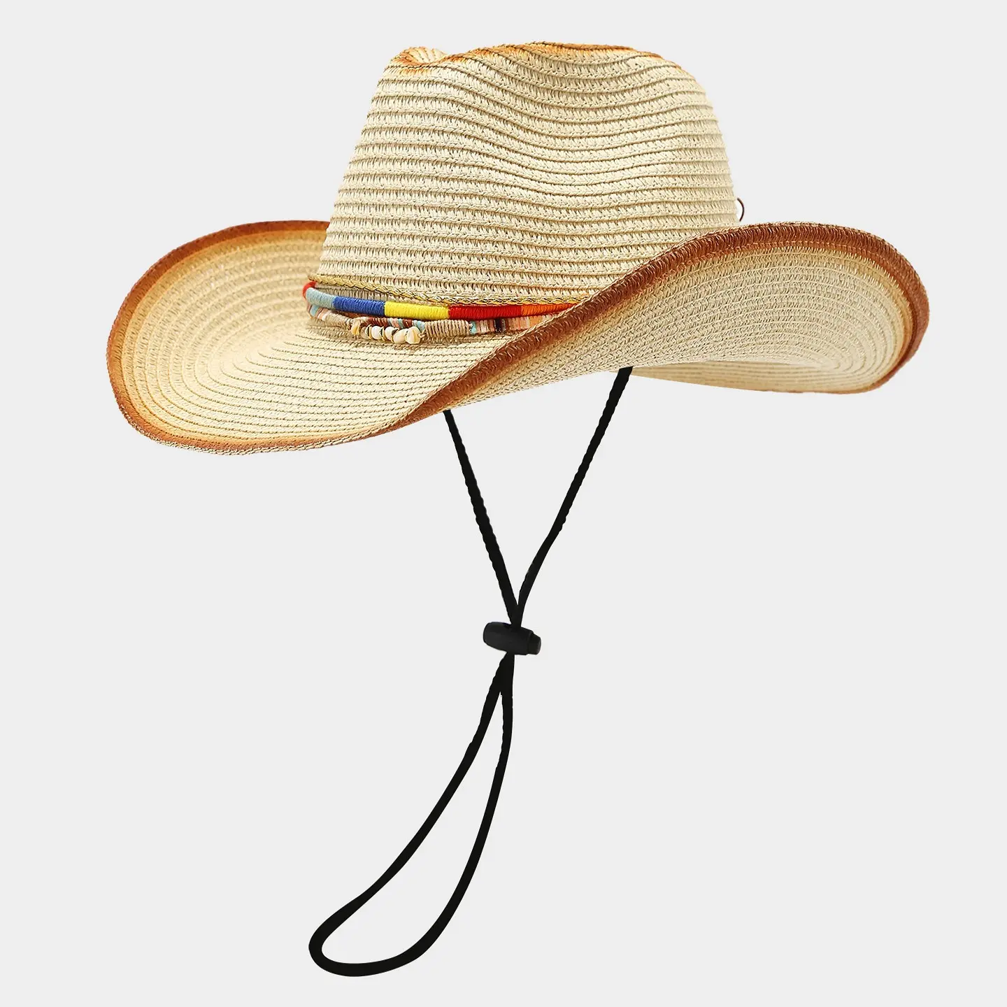 Unisex Western Cowboy Straw Hat - Wide Brim Fedora with Boho Beaded Band, Adjustable Chin Strap, Straw Fabric, All Seasons Sun Protection for Summer Beach (Sports & Outdoor Accessory)