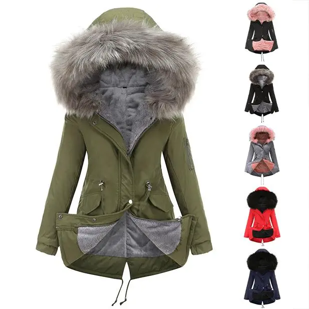 Women's Casual Fitted Warm Fleece Parka - Long Sleeve, Windproof Hooded, Mid-Length Outerwear with Zipper-Button Closure for Winter, Tops