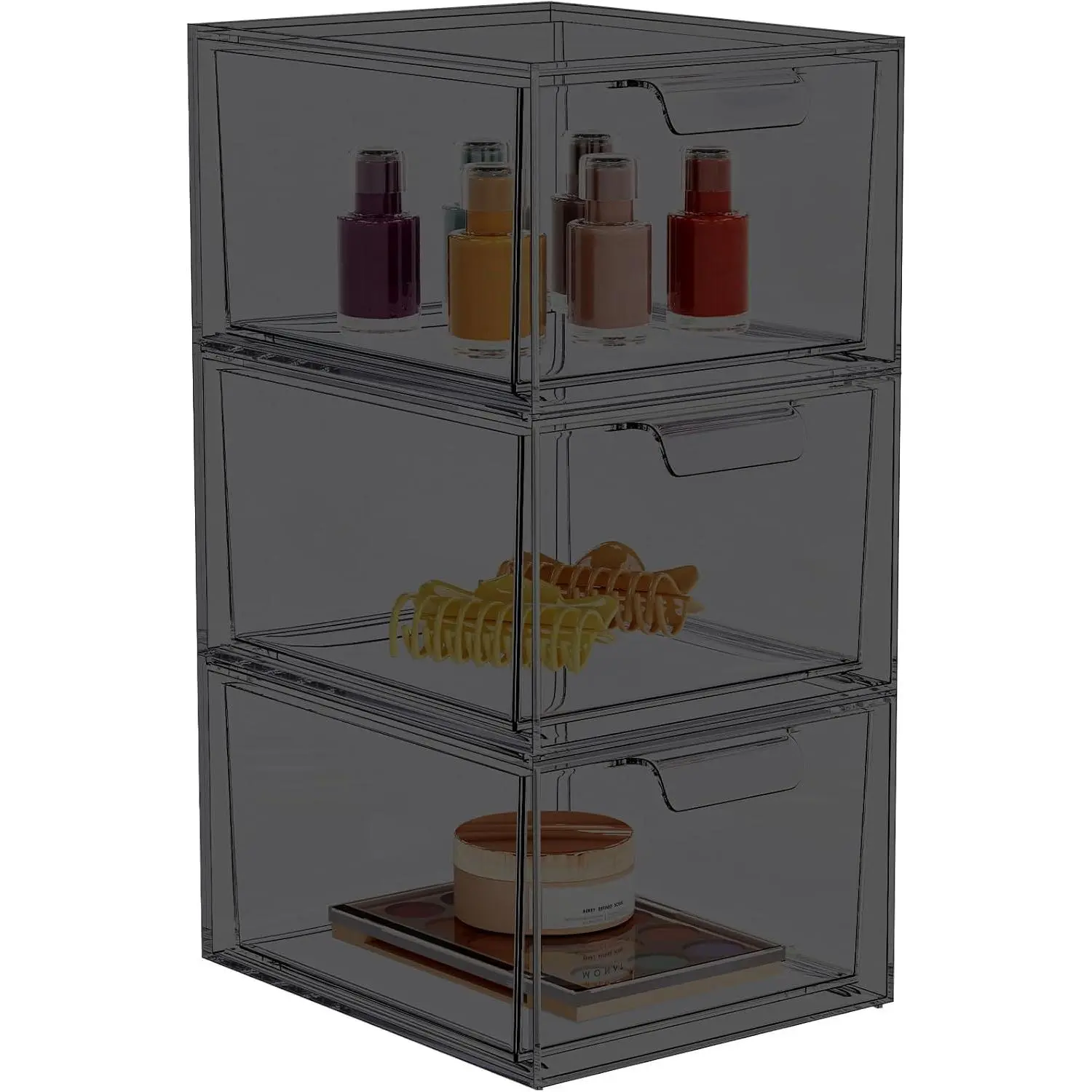 3 Pack Stackable Makeup Organizer and Storage,  Organizers,Clear Plastic Storage Drawer with Pull-Out Handles for , Undersink, Kitchen Cabinets, Pantry, Black