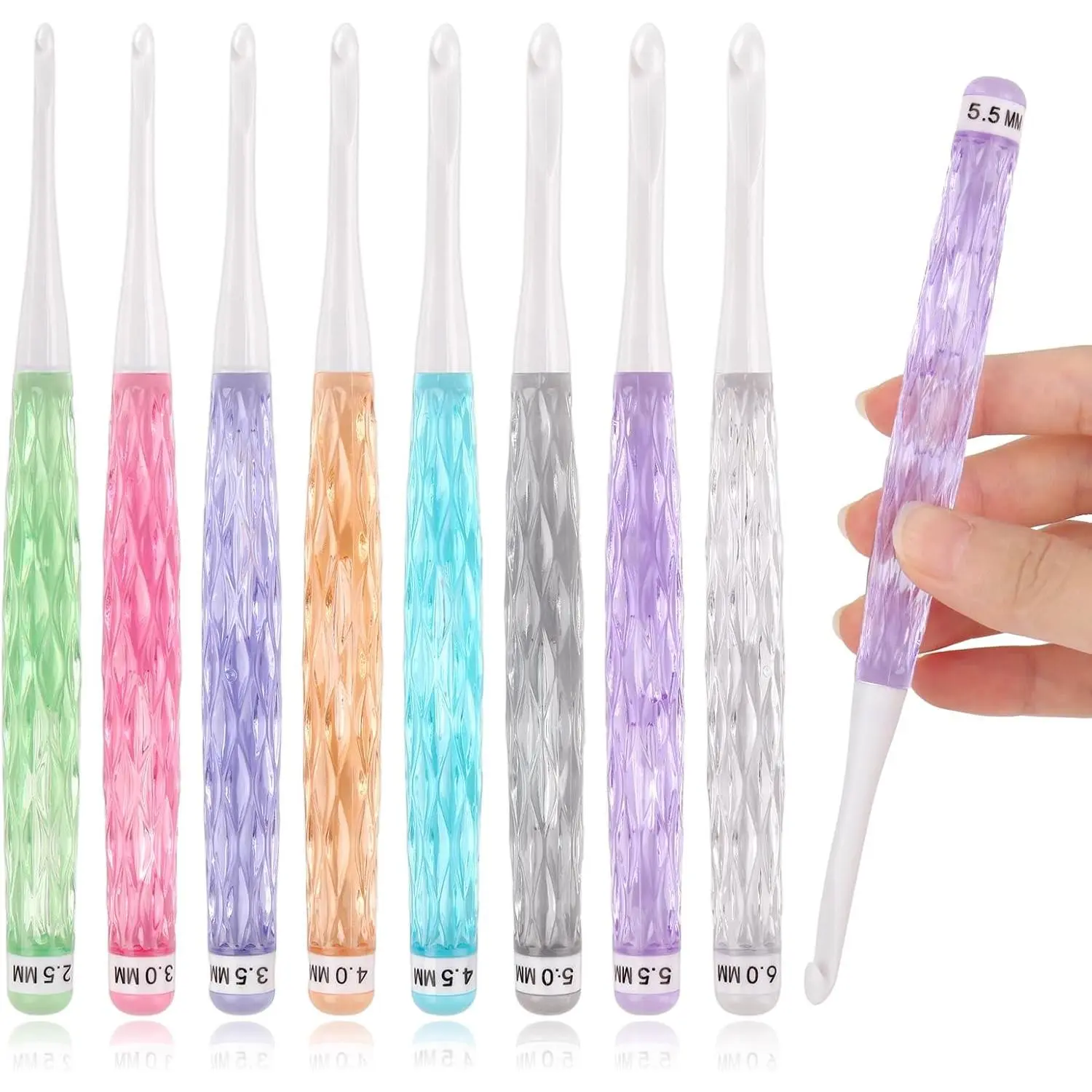 Crochet Hooks Pretty Color, Inline Crochet Hook Set for Beginners | 8 count 2.5mm(C)-6mm(J), See-Through Plastic Handle,  & Comfy, Ideal for Crocheting Blankets, Shawls, Hats, Scarves