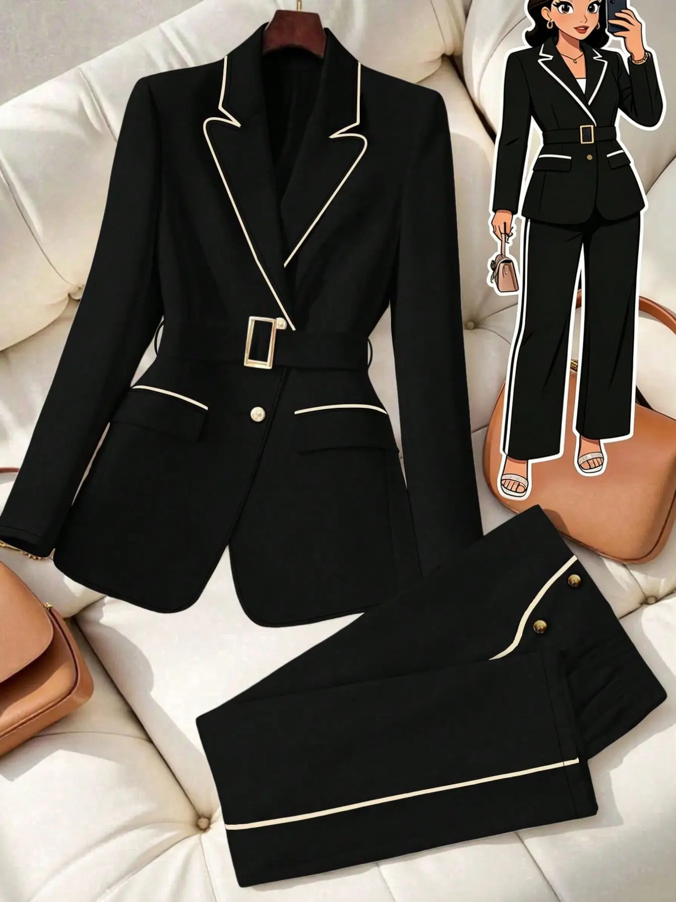 Plus Size Women’s Belted Blazer Pants Set, Contrast Trim Long Sleeve Suit Set with Matching Trousers, Chic Office Workwear 2 Piece Outfit for Business Casual and Daily Wear