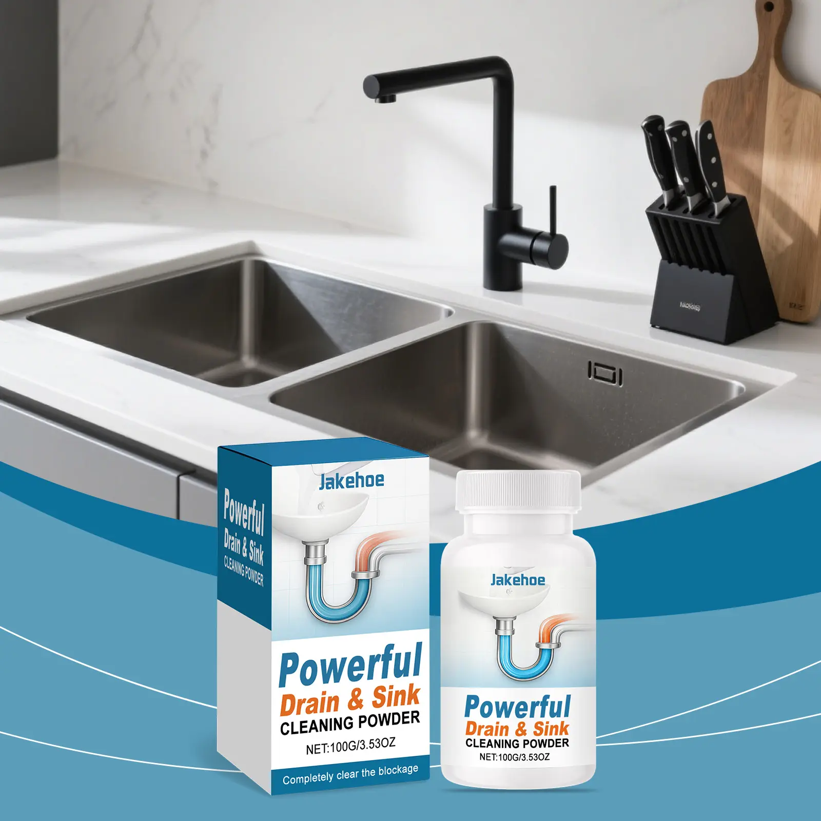 Jakehoe Household Drain Pipe Cleaning Powder - Kitchen/Bath Solution for Unclogs Drains, Pipe Decon, Deodorization, Powder Form, Chemical Blend