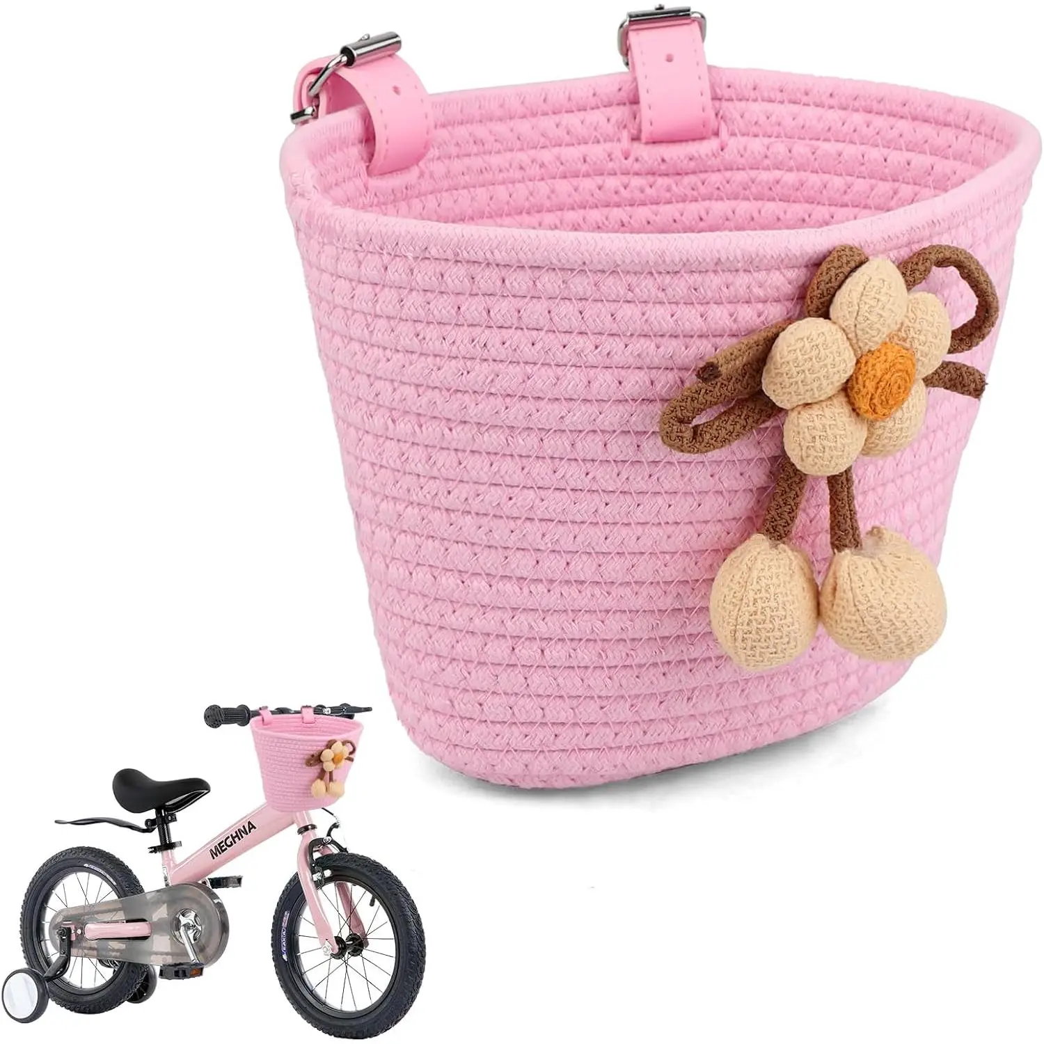 Basket, Front  Baskets for Boys Girls,  Rope Woven Handle Bar Basket for 8" 12" 14" 16" 18" 20"  Bicycles, ' Scooter,  , Bright Red