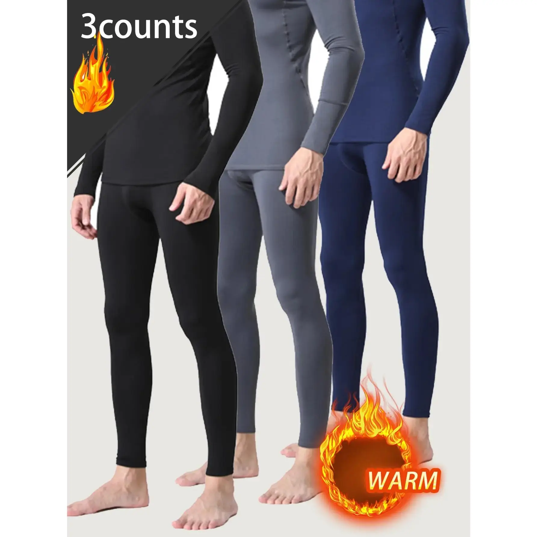 Men's Compression Pants (3 Pack), Navy Blue Thermal Lined Polyester Tights with 4D Stretch for Cold Weather Running & Sports, Athletic Sport Underwear, Compression Leg, Activewear, Thermal Tights, Outdoor Activities, Male, Flexibility, 3 Pcs