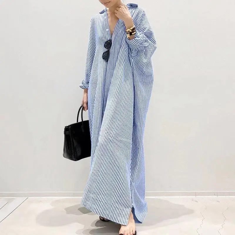 Women's long dress striped straight skirt shirt skirt loose coat seven-quarter sleeve dress