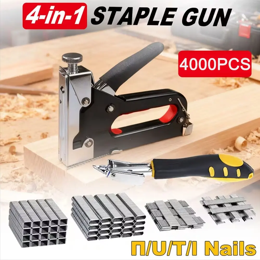 4-In-1 Indoor Manual Portable Stapler Gun, Includes 4000 Staples and Remover Tool, Durable Plastic, Ideal for DIY Home Decor, Furniture, Cables, Fabric, Walls