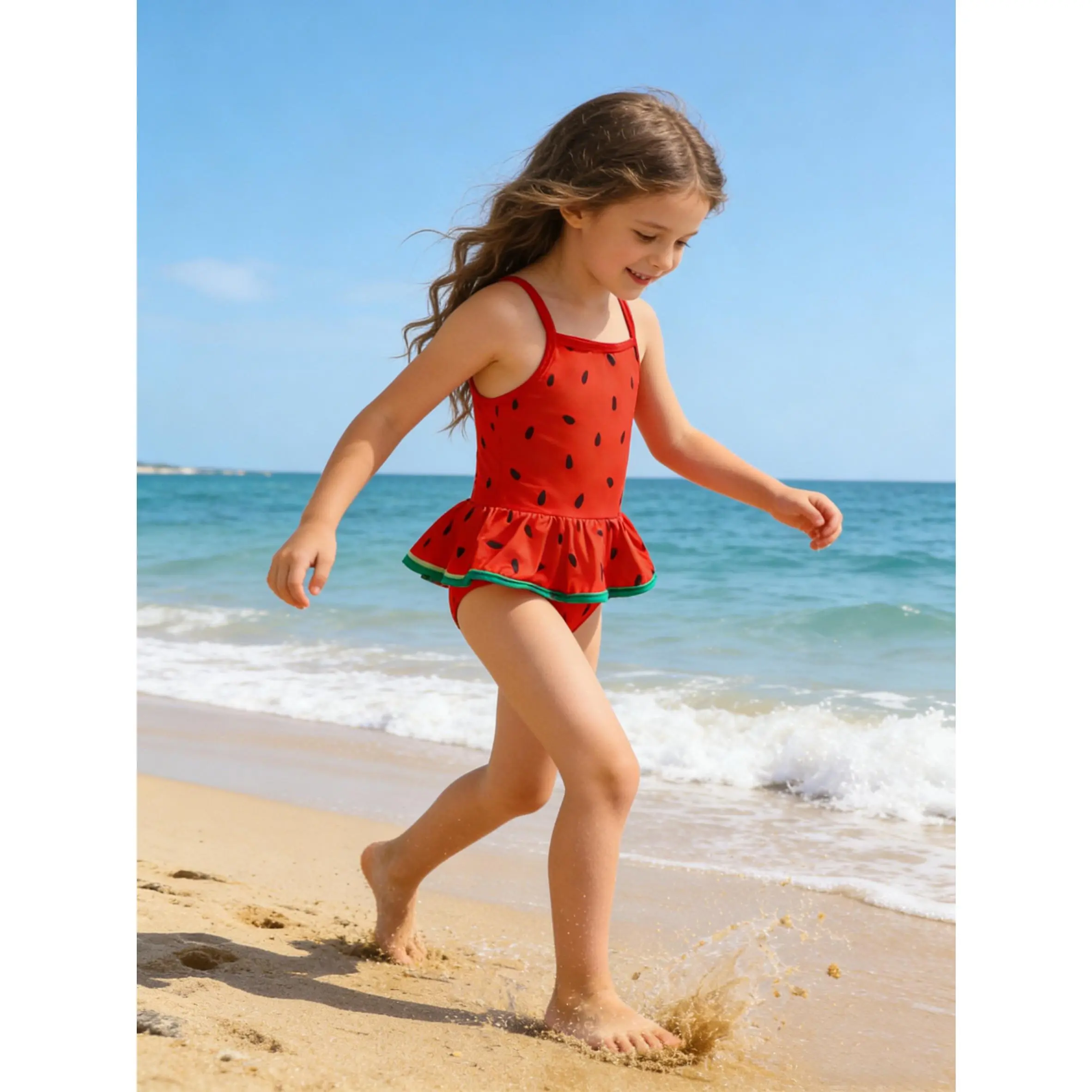 Girls Watermelon Print One Piece Swimsuit Thin Strap Ruffle Hem Bathing Suit Kids Cute Fruit Swimwear