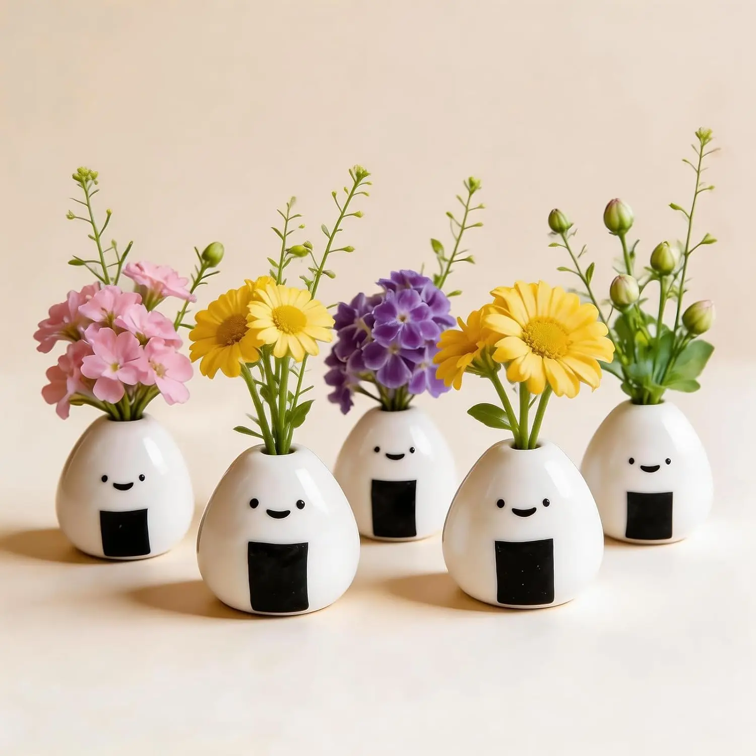 Tnstbiee 5 PCS Mini Onigiri Flower Vase Set - Cute Japanese Handmade Bud Vases Bulk for Dried Flowers, Small Centerpiece Vase for Coffee Table Living Room Home Decor, Unique Japandi Tiny Ceramic Vases