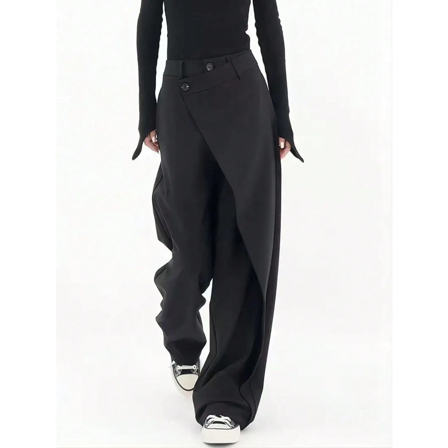 ASANDY Women's High-Waist Wide Leg Pants, Casual Loose Straight Trousers with an Asymmetric Draped Waistband