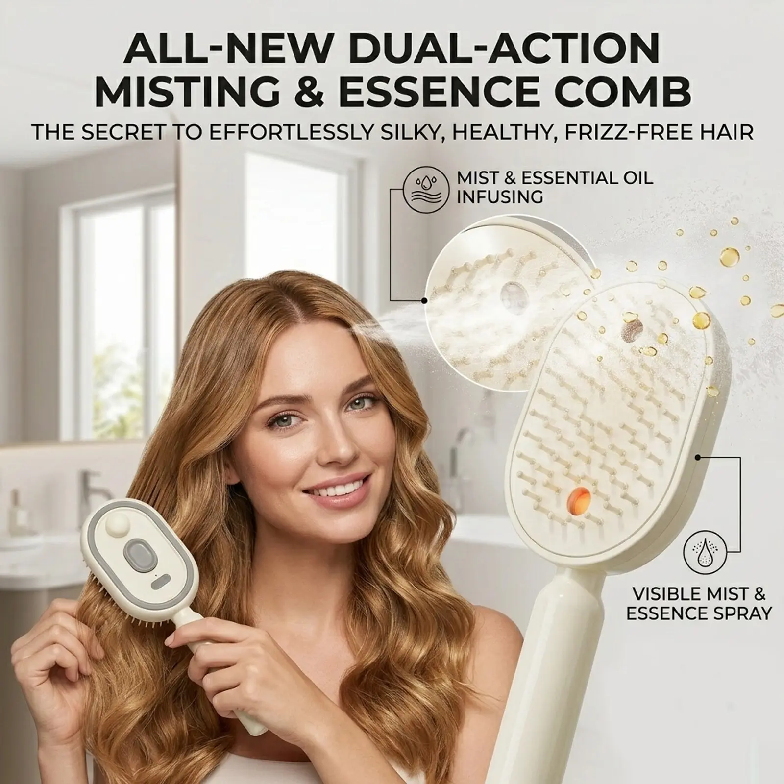 Electric Spray Hair Brush 2-In-1, Misting Hair Brush with Water Spray, Reduces Frizz, Anti-Static, Retractable Steam Massage Comb
