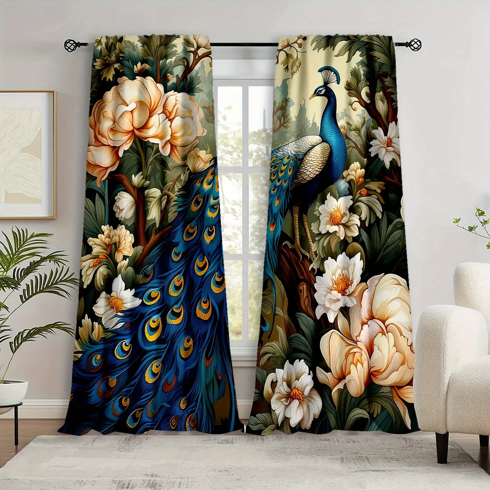 2 piece set, elegant blue peacock and floral print curtains - high definition vintage art design, suitable for living room bedroom kitchen home decoration, rod bag type, translucent polyester fabric, machine washable.