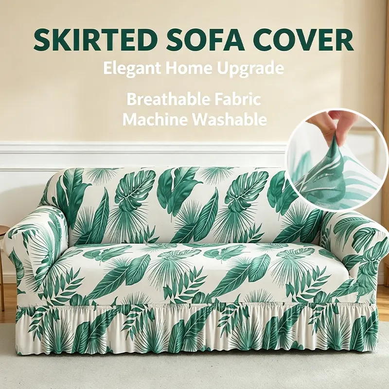 Elastic Milk Silk Printed Skirted Sofa Cover, Stretch Slipcover Snug Fit for 1‑4 Seater Couch, Machine Washable Easy Care Furniture Protector, Multiple Patterns Home Living Room Decor Slip Cover