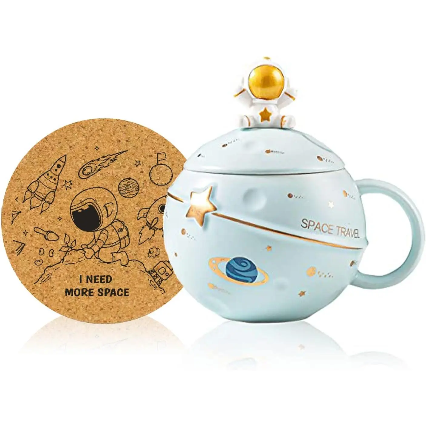 Kawaii Astronaut Cup Space Embossed  Mug, Cute Ceramic Coffee Mug, Novelty Mug with Lid and Spoon for Coffee, , Milk, Aesthetic Room Decor Funny  for Girl Boy Women (Blue)