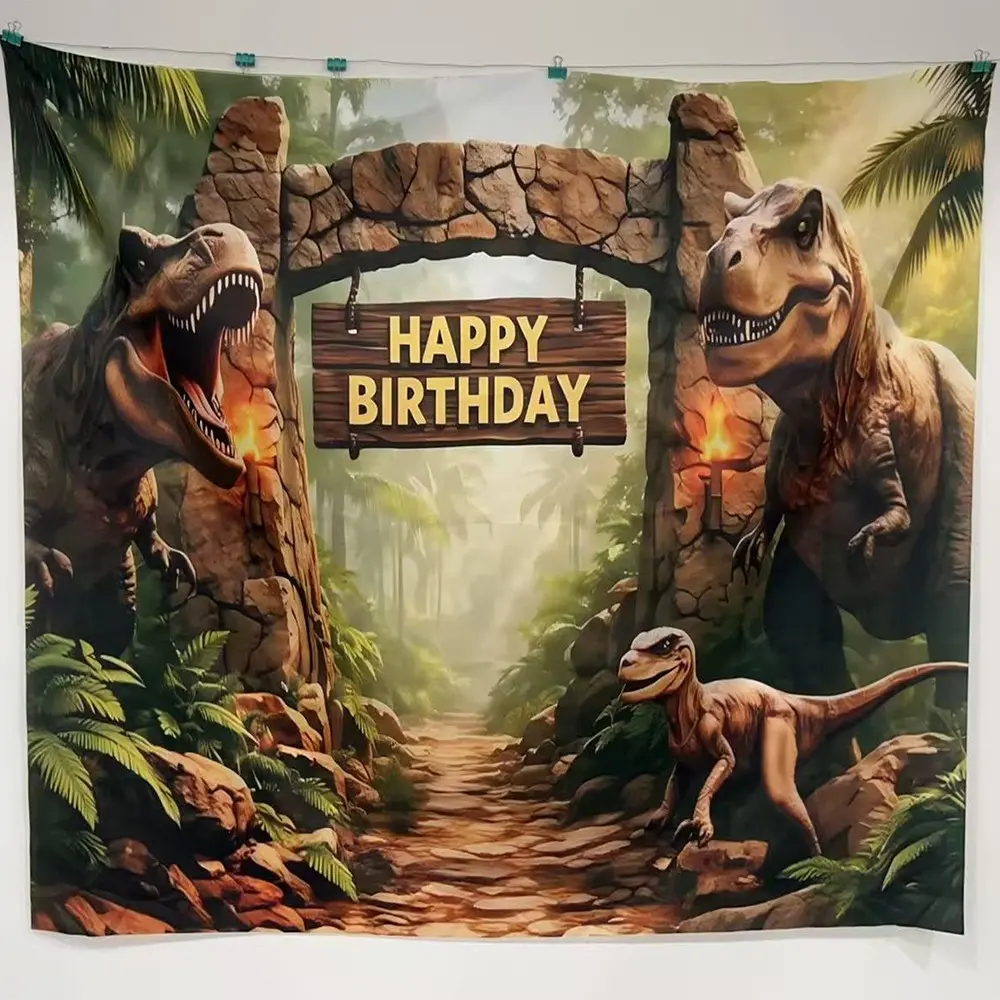 2D flat banner 1pc dinosaur theme birthday background cloth, T-Rex jungle rock arch printed decorative wall cloth, suitable for prehistoric adventure birthday parties, outdoor birthday decoration hanging cloth for courtyard, polyester material,