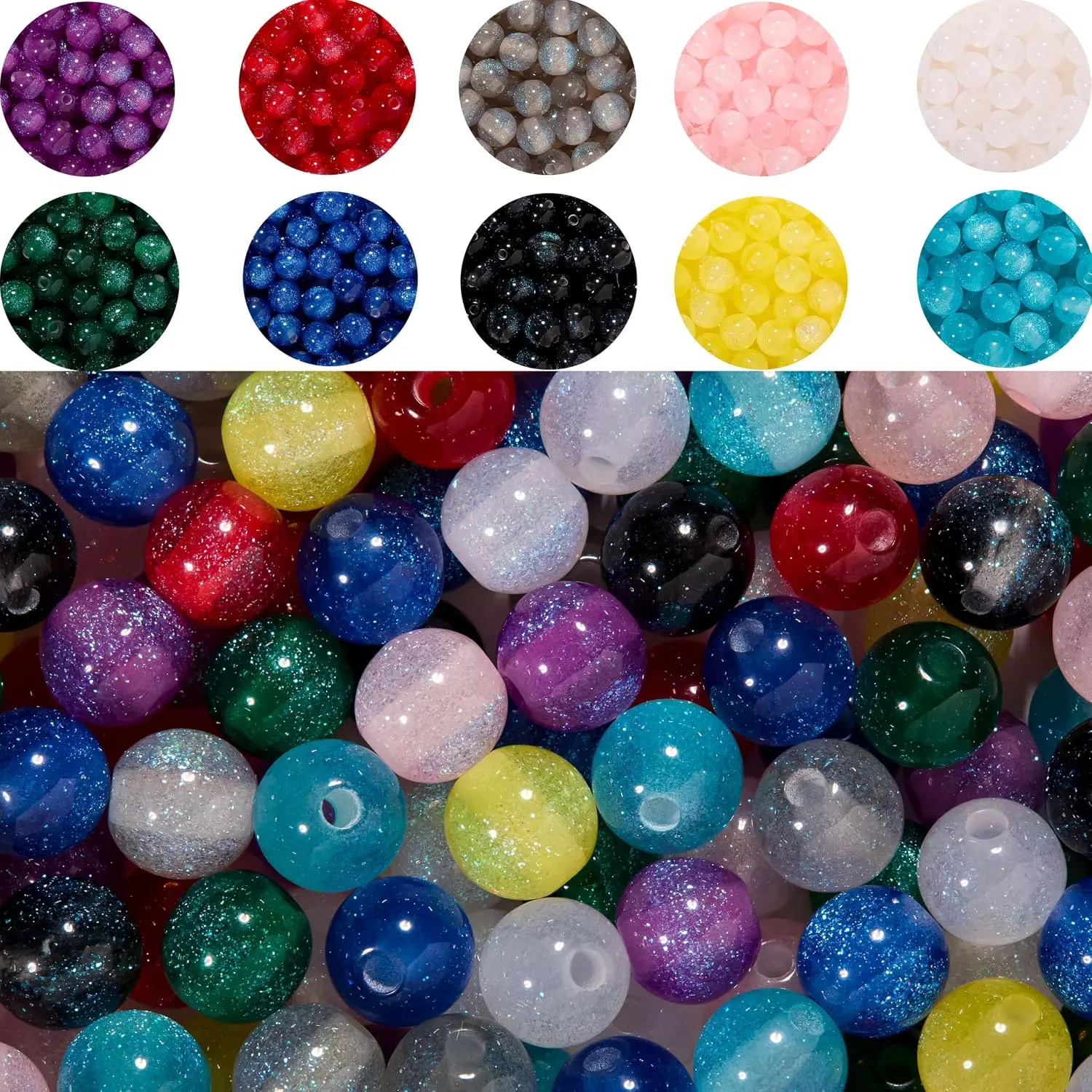 8mm Glitter  Beads, 200 count for Bracelet Making (Multicolor, 8mm) | 200 lightweight glitter  beads; 10 fixed colors; 8 mm round, 1.5 mm hole; for bracelets, phone charms, and