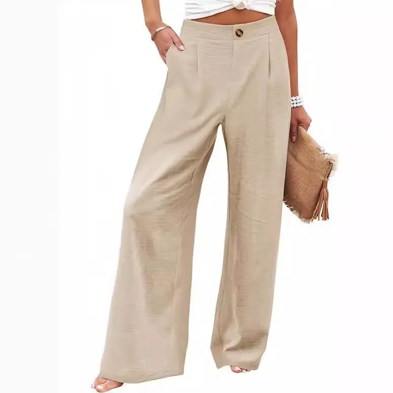 Women's High Waisted Wide Leg Pants Casual Loose Straight Trousers Summer Comfy Flowy Pants with Pockets Button Front Elastic Waist Lightweight Baggy Work Office Lounge Vacation Outfits Trendy Fashion Streetwear