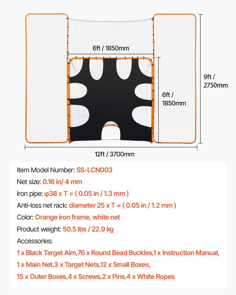 VEVOR 3-IN-1 Lacrosse Goal, 12x9 ft Lacrosse Net with Backstop and Target, Quick & Easy Setup Backyard Rebounder Equipment, Steel Frame Training Nets, Suitable for Youth Adult Training, Orange