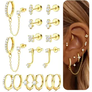 Trendy Hypoallergenic Flatback Stud Hoop 14K Gold Plated Earrings Stacks - Surgical Stainless Steel Earring Set Chain Cartilage Earrings - Small Ear Piercing Flat Back Earring for Women