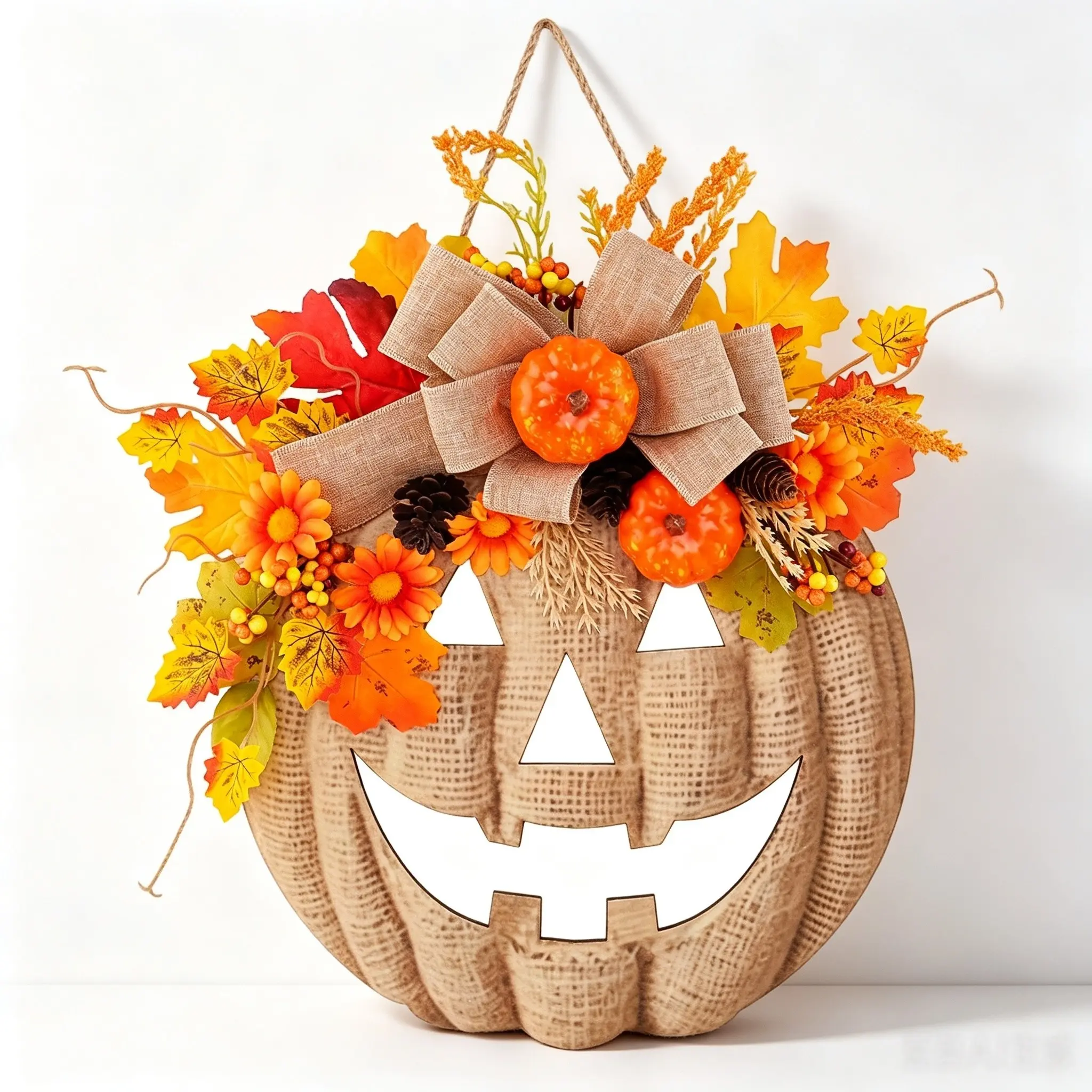 Wooden Pumpkin Hanging Sign with Artificial Flowers, Halloween Door Hanger, Fall Decor, Window Wall Decor, Home Farm Party Atmosphere Decoration