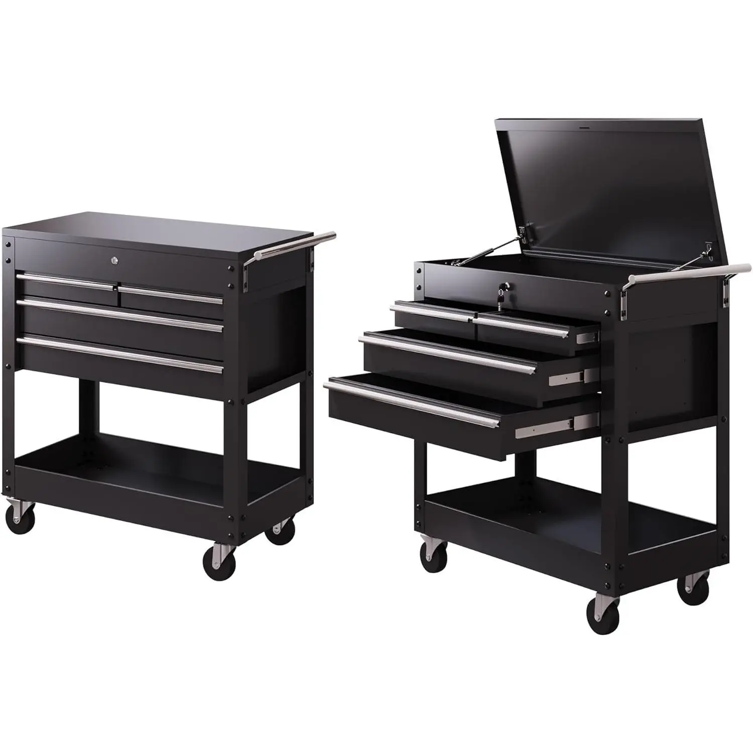Heavy-Duty Steel 34-Inch Lockable Rolling Tool Cart with 4 Drawers (30-70 lbs Each), 4 Swivel Casters, Top Compartment, Organiser for Garage, Workshop Users, Black
