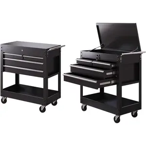34-Inch 4-Drawer Rolling Tool Cart with Top Compartment, Lockable, Heavy-Duty Steel, Black