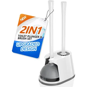 2-in-1 Toilet Plunger and Brush Combo with Ventilated Holder Heavy Duty Set for 5.3-inch Toilet Drain Bathroom Deep Cleaning White & Grey