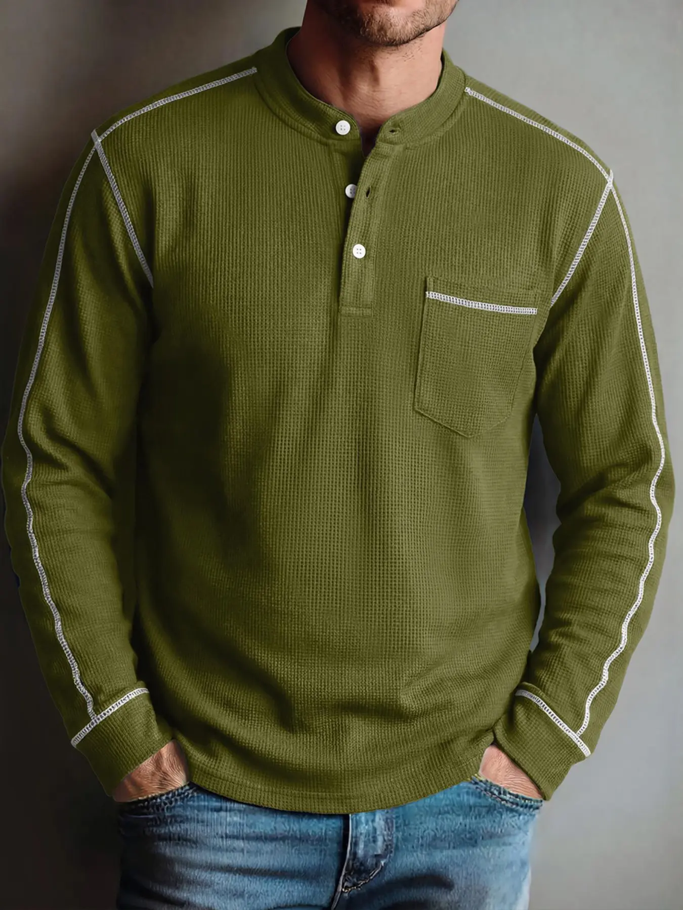 Men's Spring Fall Solid Color Henley Shirt, Casual Sporty Daily Wear, Contrast Button Half Open Front, Multi-Pocket Long Sleeve Polo