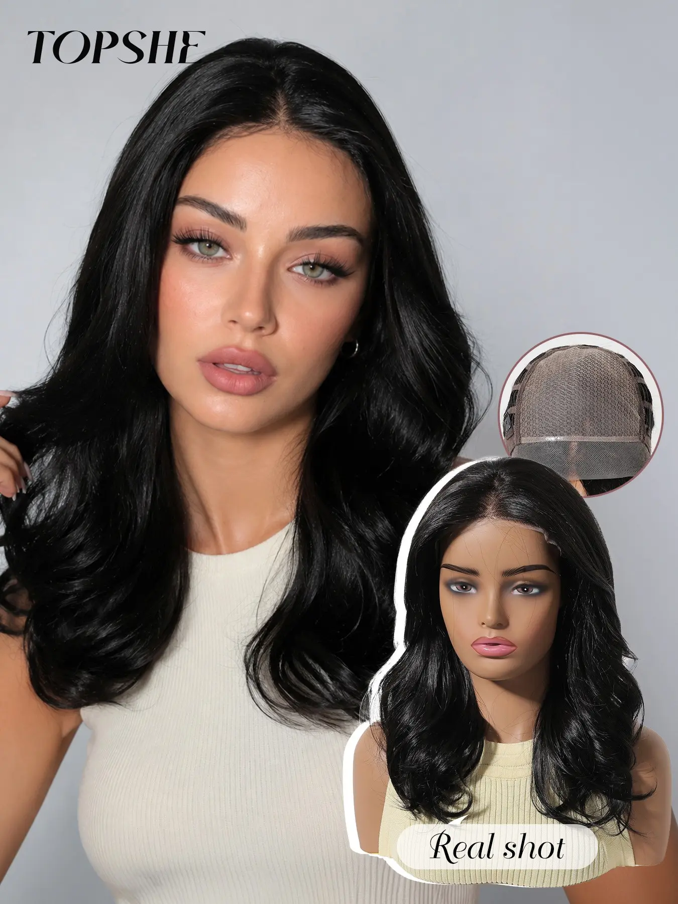 Topshe Mono6.5*5.5 Medium Length Wavy Synthetic Wig, Hand-Tied Matte Tea Color, Soft Waves for Round Faces, Versatile Commuter Hairpiece
