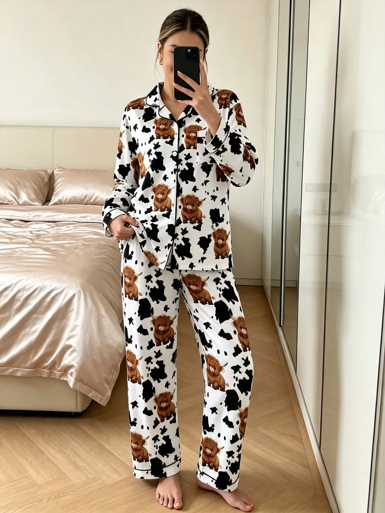 Women's Highland Cow Print Pajama Set, Casual Long Sleeve Button-Up Top and Elastic Pants, All-Season Comfortable Sleepwear