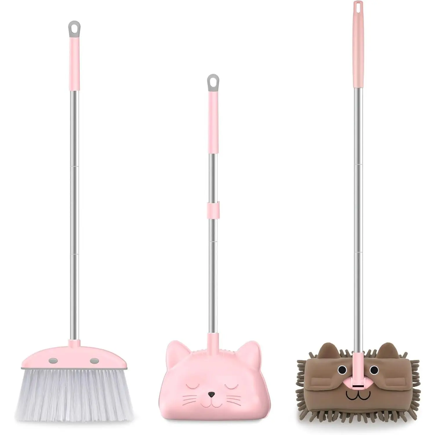 28-in Handle Kids Mini Broom with Dustpan & Mop Set, Cat-Shaped Pink Children Cleaning Set, Small Housekeeping Helper for Toddlers Boys Girls