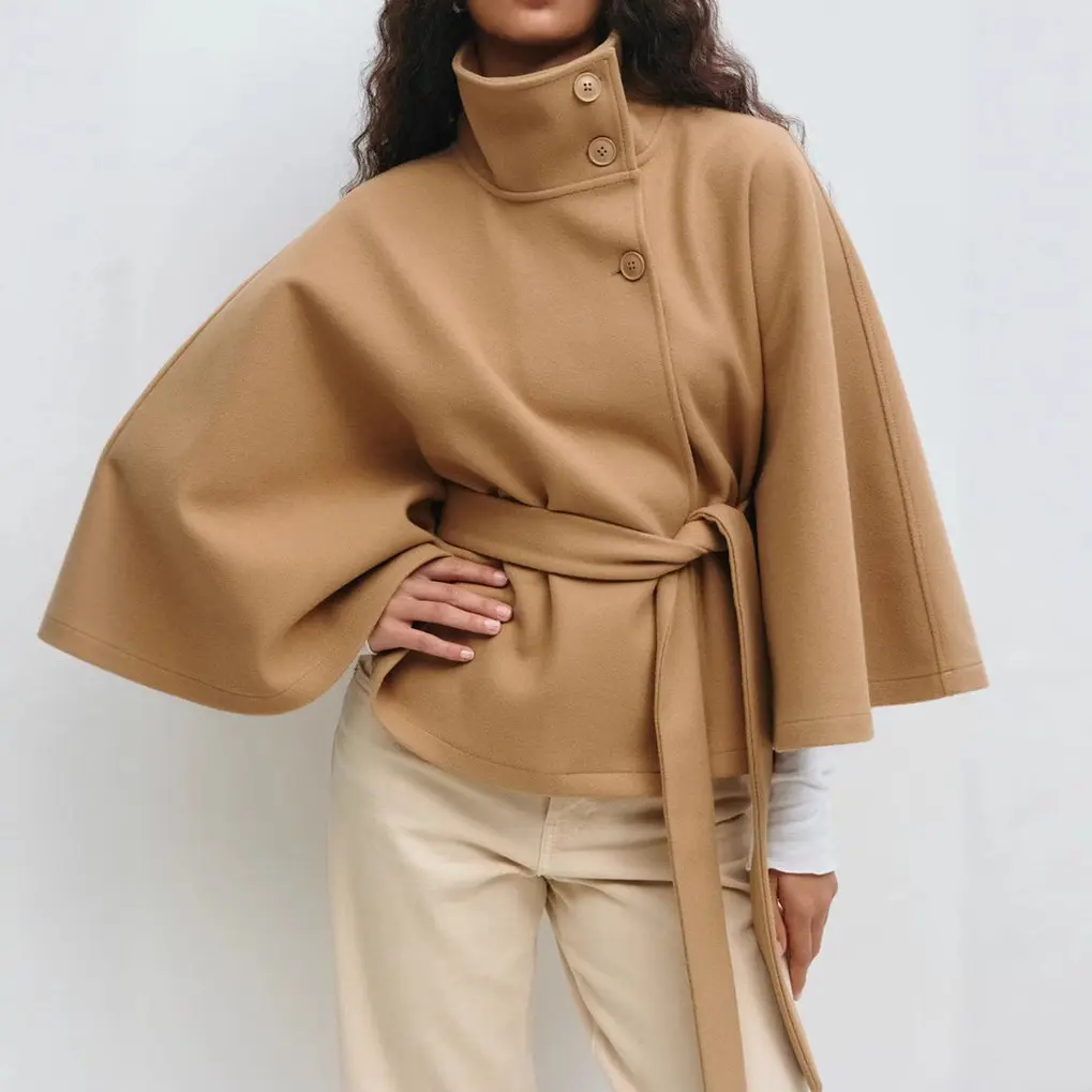 Women's Stand Collar Belted Statement Button Casual Cape Coat, Long Sleeve Tops for Women, Fall Winter Outerwear