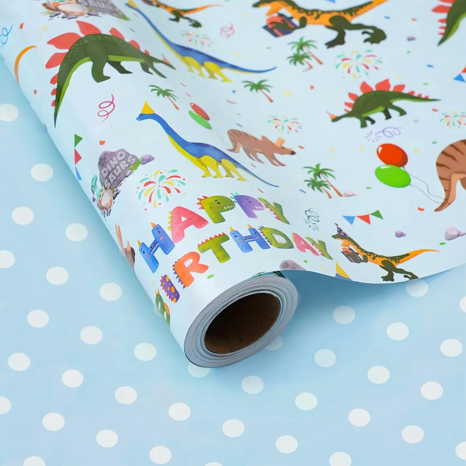 Reversible Dinosaur Wrapping Paper Roll - 17.5in Wide x 33in Long, 48 Square Inches, Flexible - Boys Birthday Gift Wrapping Supplies for Party - Blue Dinosaur Design with White Polka Dots, Reverse, Strength, Flexibility