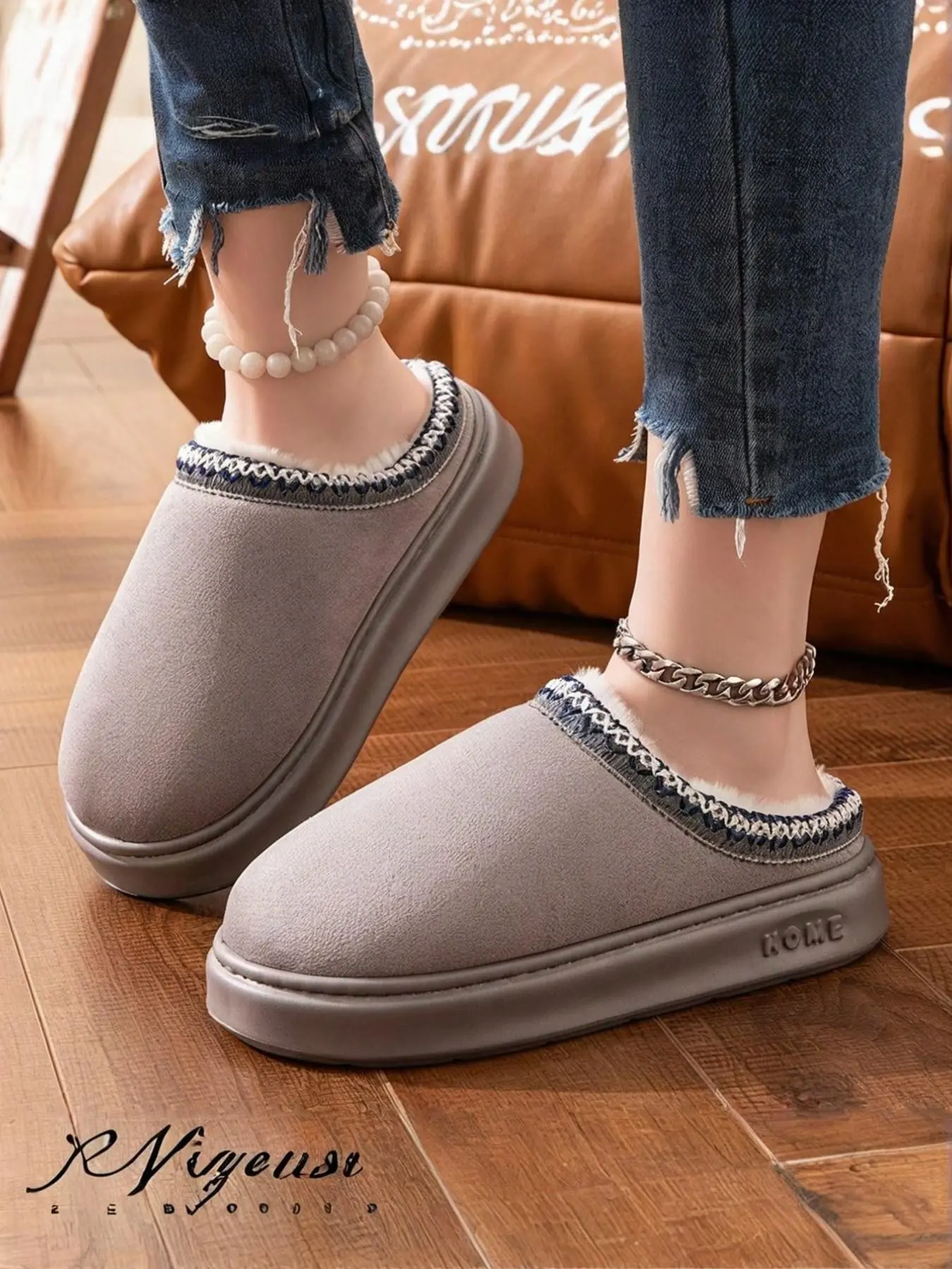 Winter Thickened Plush Toe Cotton Slippers, Eva Sole Anti-Slip Silent, Unisex Indoor Outdoor Warm Footwear, Casual Striped Design