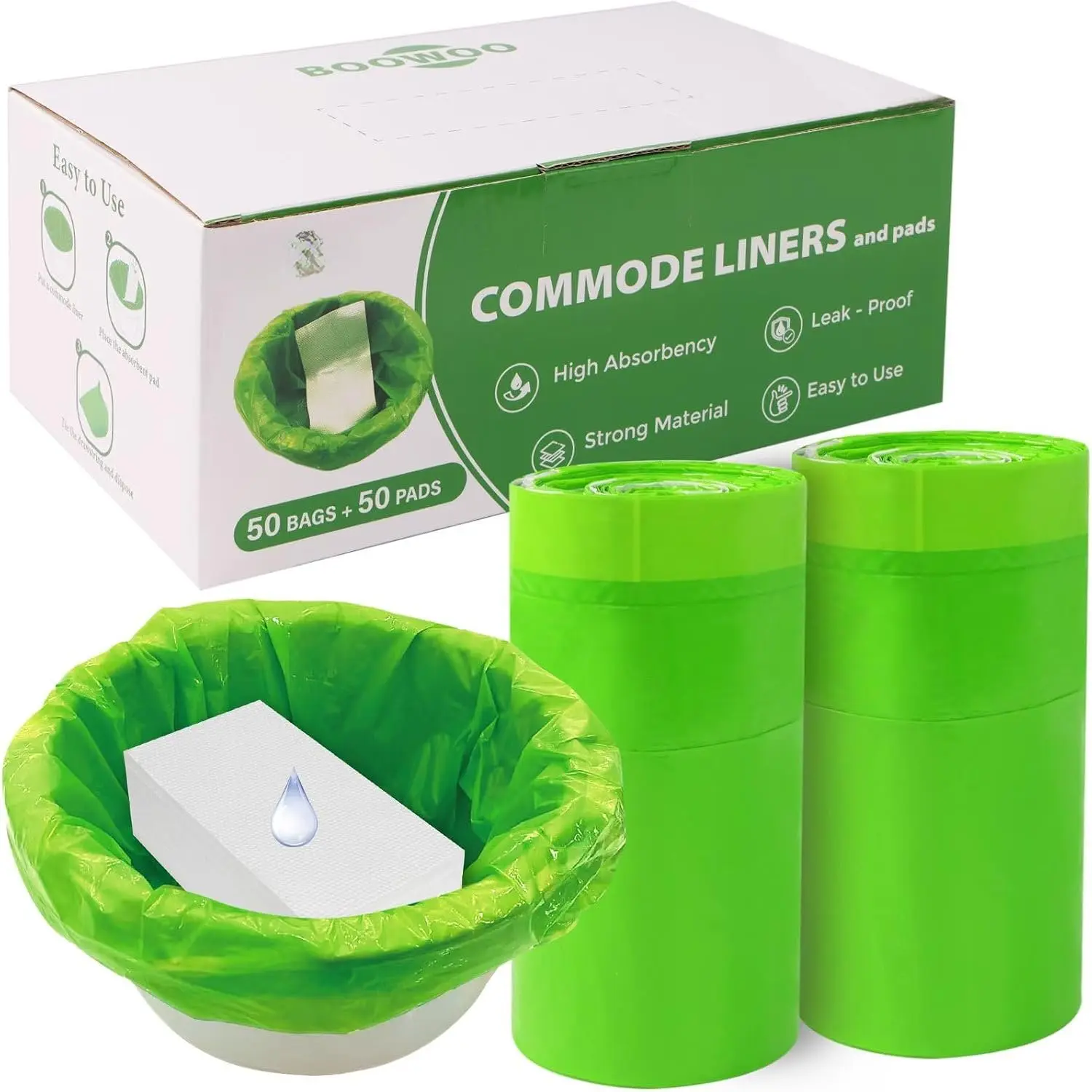 Bedside Commode Liners with Absorbent Pads, Disposable Commode Bags/Pads, Adult Potty Chair Liners, Portable Commode Poop Bag for Commode Chair, Bedpan, Bucket Toilet, 50 Bags+50Pads