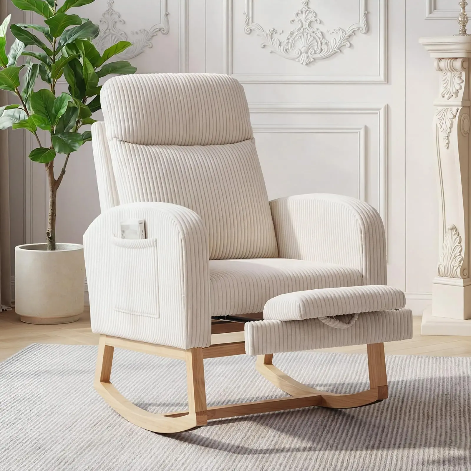 Corduroy Nursery Rocking Chair with Foot Rest - Upholstered Glider with 26" High Backrest, Padded Seat & 300 lbs Weight Capacity for Living Room, Bedroom & Reading