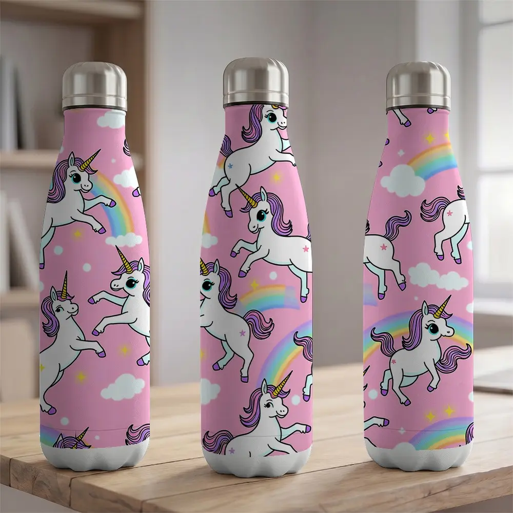 1pc 17oz 500ml Stainless Steel Insulated Water Bottle Cute Pink Unicorn Rainbow Pattern Vacuum Sealed Double Wall Thermal Flask Portable Sports Bottle For Travel Outdoor Gym Yoga Hiking Fits Car Cup Holder