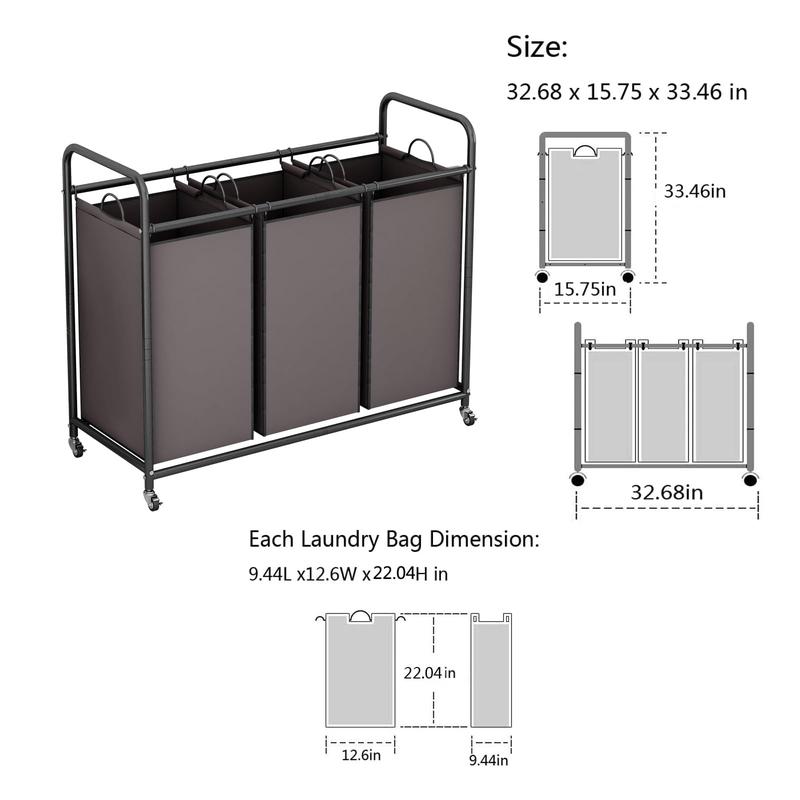3-Bag Laundry Basket Hamper Laundry Sorter Cart laundry room organization with Heavy Duty Rolling Lockable Wheels and Removable Bags【A001】 Deals For You Days