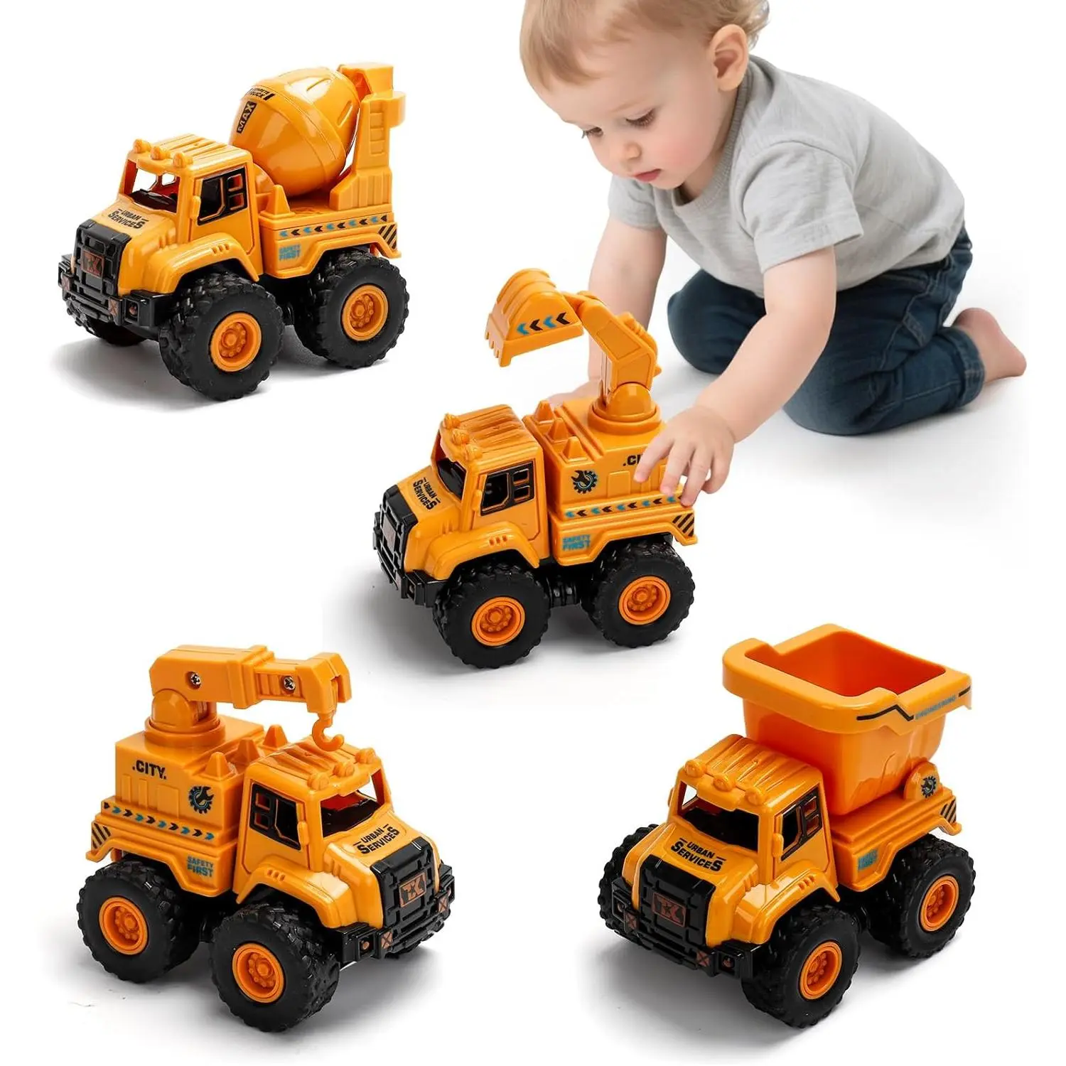 4-in-1 Friction-Drive Vehicle Playset - Batteries-Free Sturdy Plastic Push-and-Go Construction Trucks (Excavator, Dump Truck, Mixer, Bulldozer) with Eco-Friendly Design, Toddler Toys for 1-5 Years, Indoor & Outdoor Play Ideal Gift, Fine Motor Skills