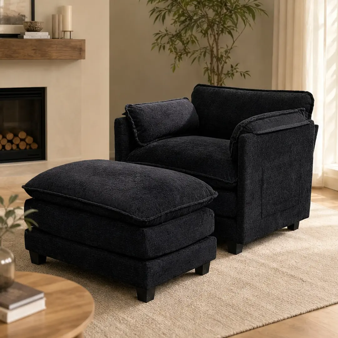 ARCH Oversized Boucle Single Sofa Bed with Ottoman, 55.32D x 39.76W in, Double Deep Cushion, Thick Armrests, Ergonomic Living Room Bedroom Accent Chair, Black, Black Color Options, Boucle Material, Product Dimensions: 39.76 W x 55.32 D x 34.25 H in
