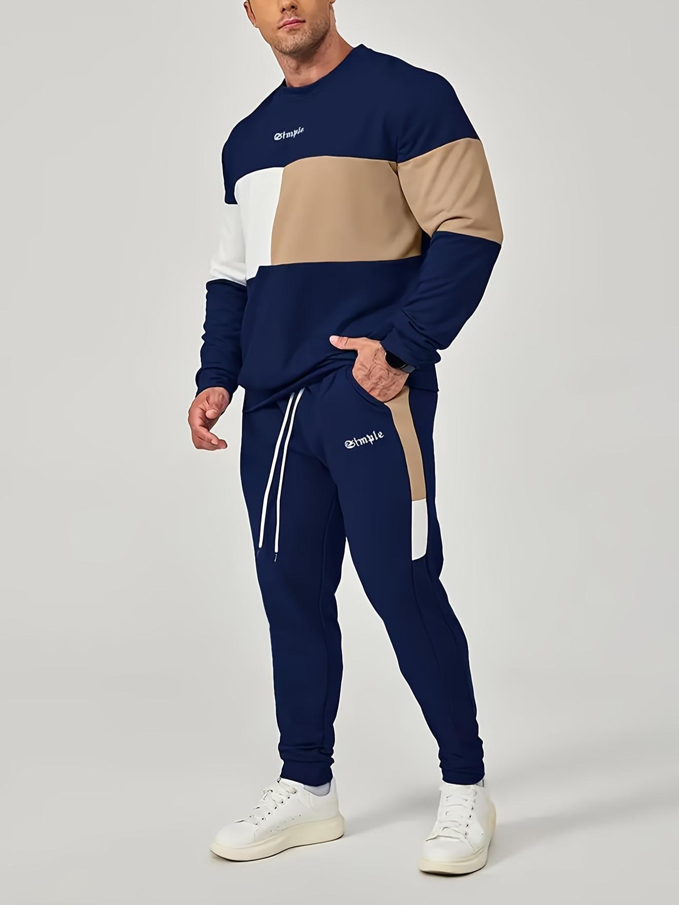 Men's color blocked 2-piece set, casual round neck long sleeved sweatshirt and sweatpants jogging pants set for winter and autumn, men's clothing