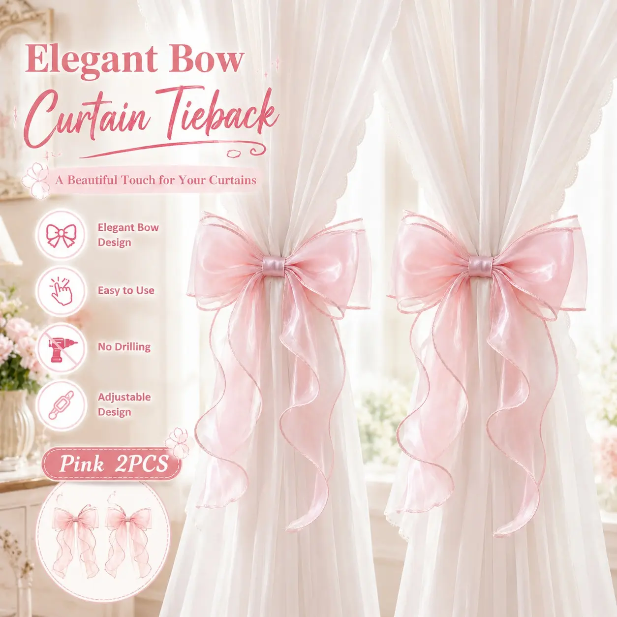 2 Piece French Bow Curtain Tiebacks, Sheer Satin Curtain Bands, No-Drill Curtain Hooks, Ideal for Bedroom and Living Room Decor