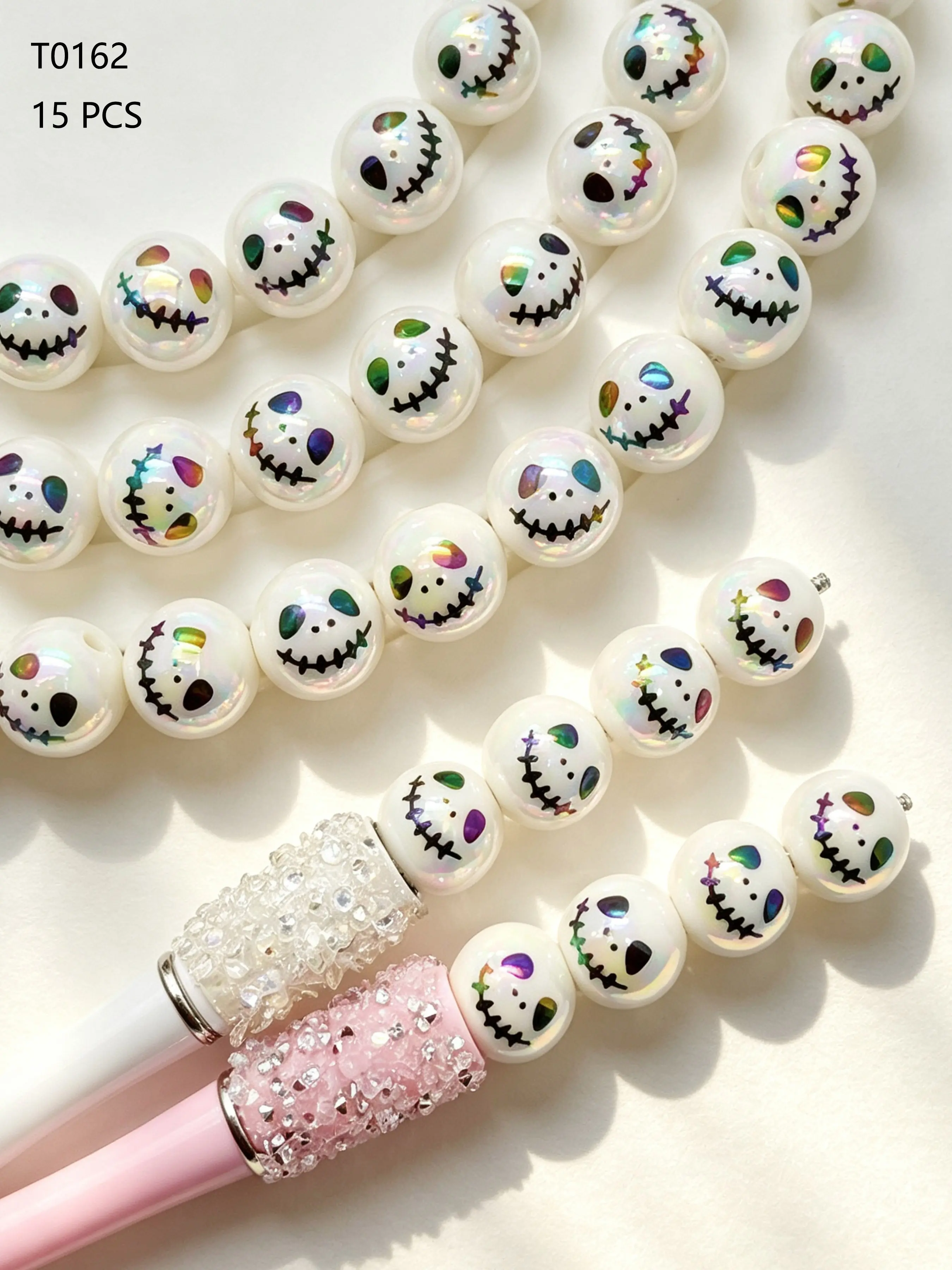 15 Halloween Ghost Acrylic Beads, Skull Round Hole Beads, DIY Jewelry Making Accessories, Ear Rings, Bracelets, Necklaces