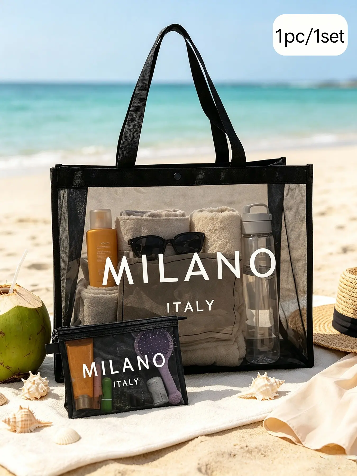 Milano Grid Tote Bag, Sand-Resistant Large Capacity Beach Handbag, Simple Mesh Makeup Bag, Reinforced Strap, Women's Summer Pool Travel Bag