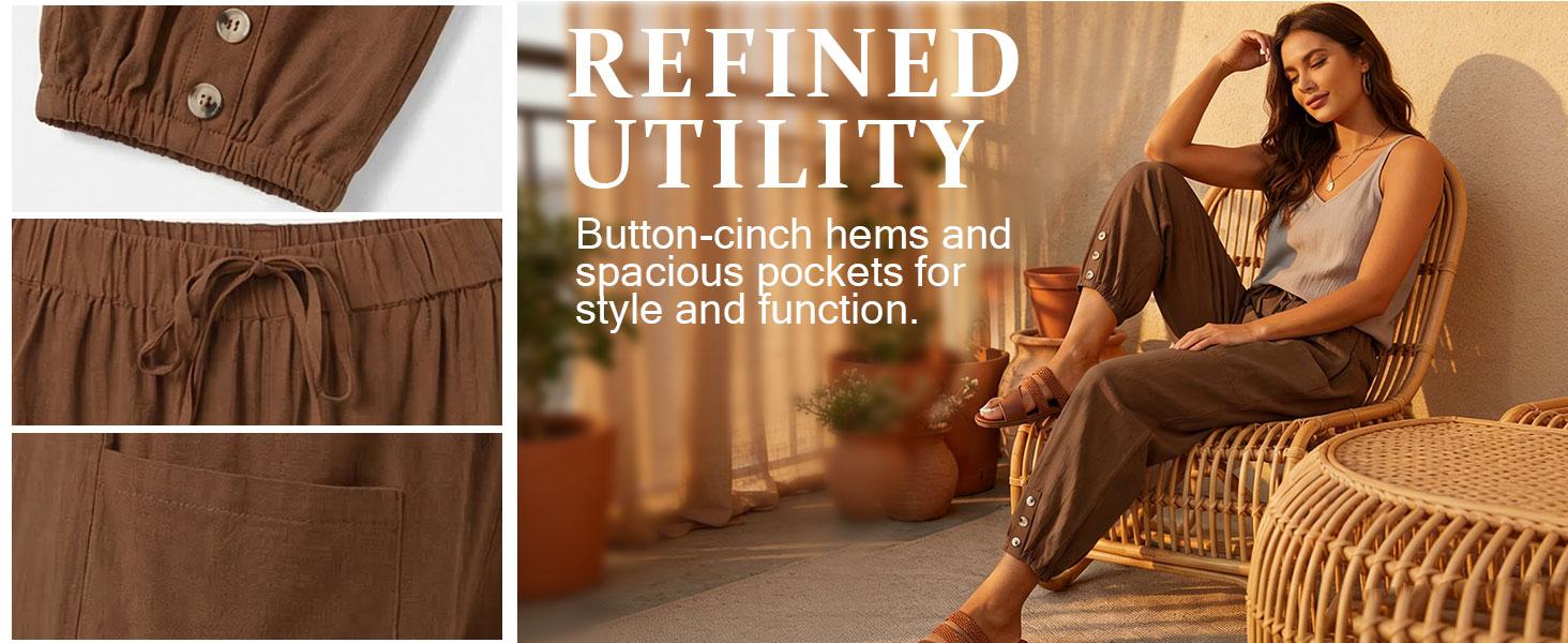 Women's Capri Pants High Waist Drawstring Cinch Bottom with Button Cotton Loose Casual Trouser with Pockets summer outfits