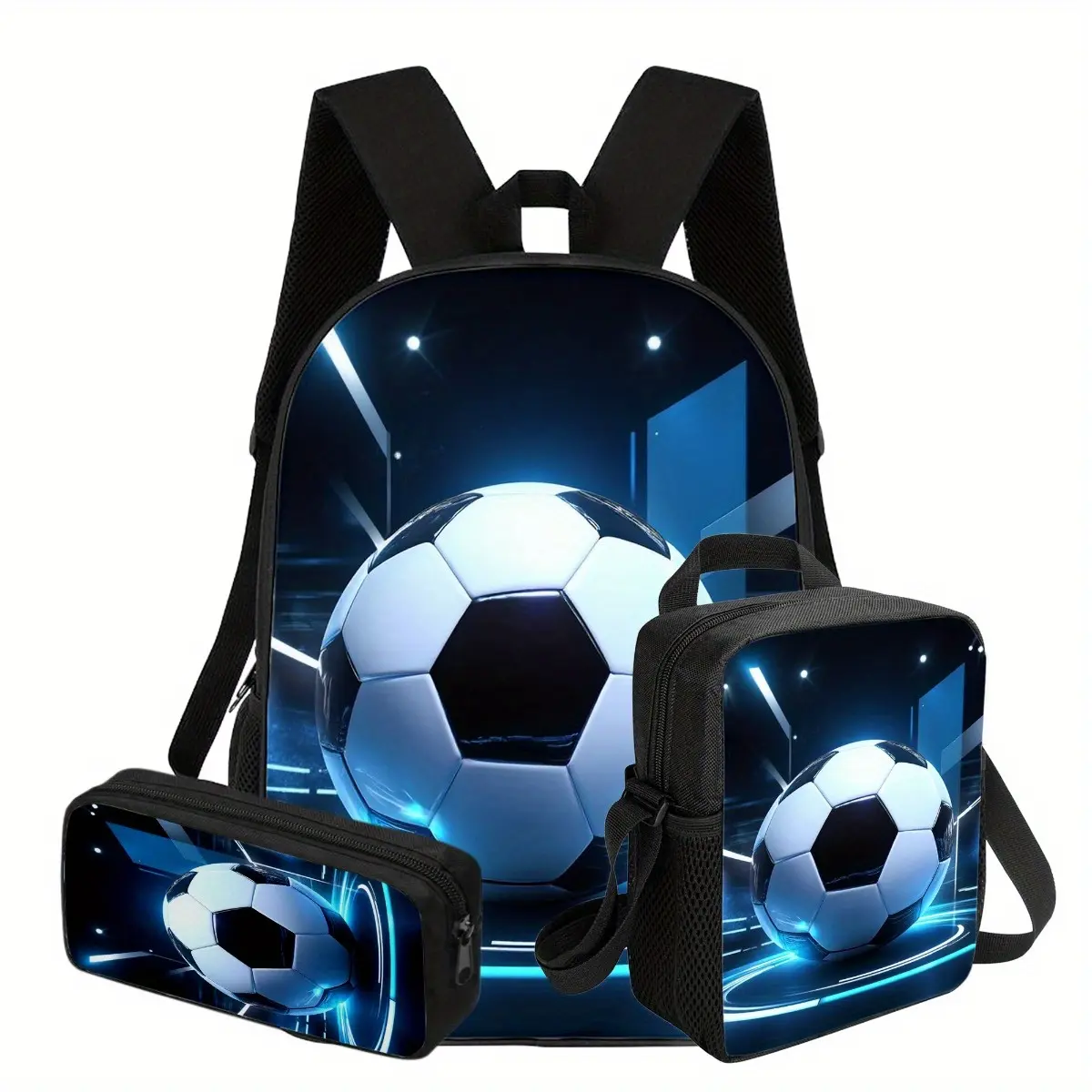 Futuristic Soccer Backpack for Kids, 3D Football Print School Bookbag with Adjustable Shoulder Straps and Top Handle for Boys, Teens and Students
